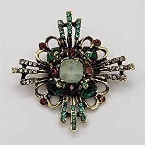 Elegant Cross Shaped Brooch Aqua Green Brown Rhinestones on Gold Tone Metal